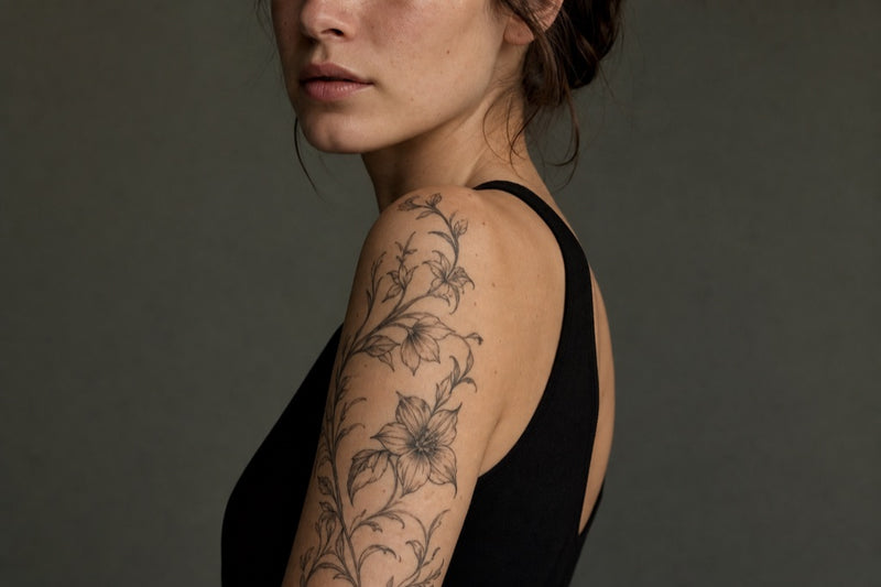 Fine-line floral arm tattoo style